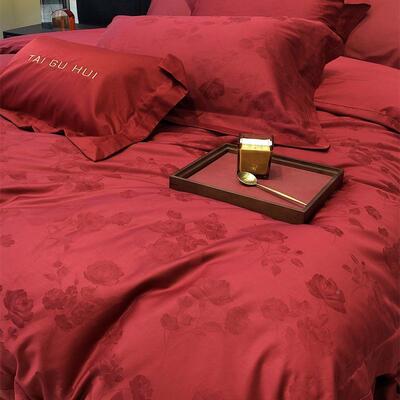 花100支全长绒棉结婚四件套纯棉棉色新SRK婚红庆提被套婚嫁床品