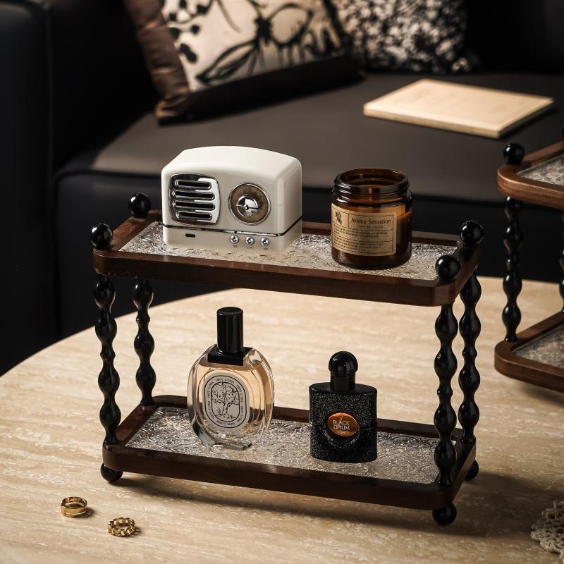 复古风实木双层置架品质相思木灰边置物托FQD盘轻桌奢面层双收物