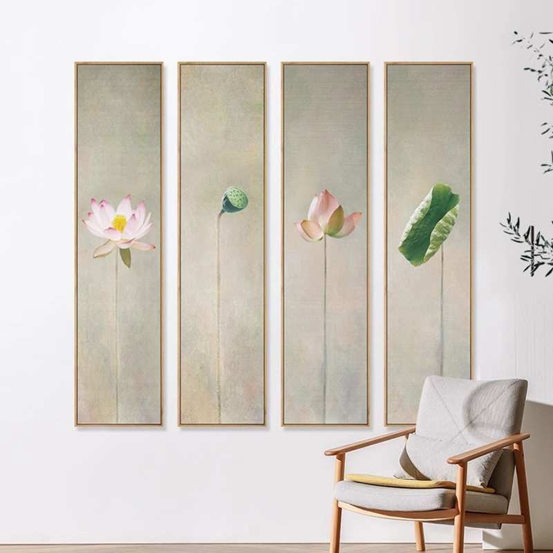 新中式禅意荷花装饰画茶室玄关背景墙画竖版长条墙面装饰莲花挂画