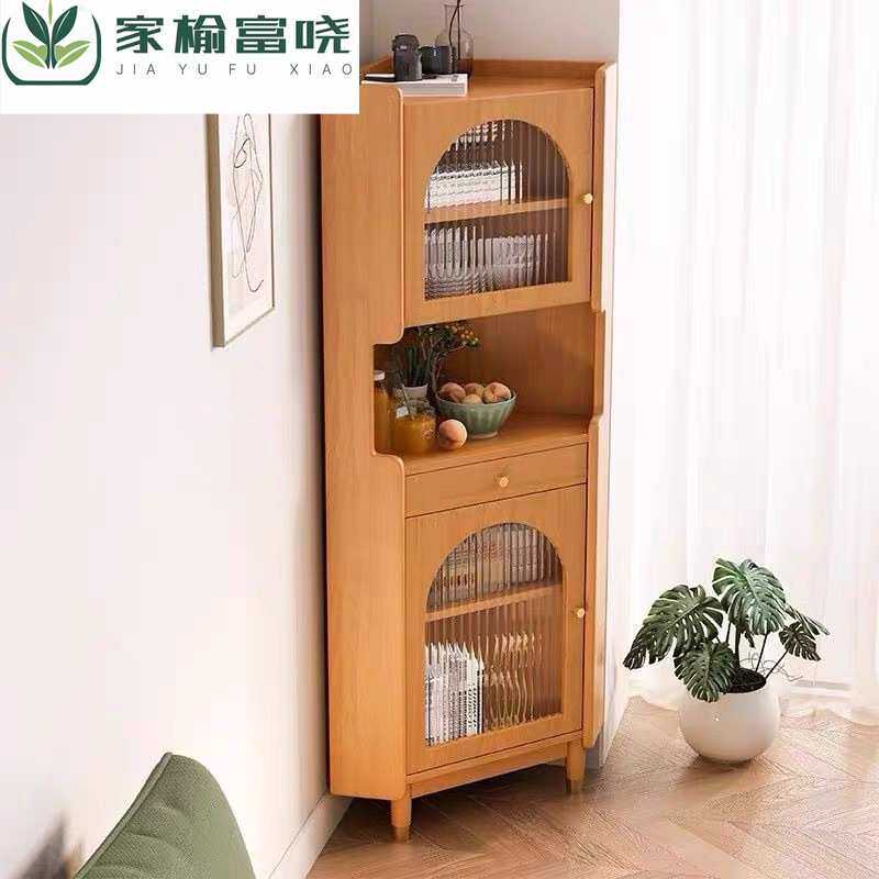 实木靠墙转角柜客厅靠墙三角柜90度小户型置物收纳柜中古风餐边柜