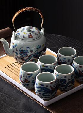 茶具中式简约泡家用提梁复古冰灰釉茶送礼陶71282瓷茶杯壶青花壶