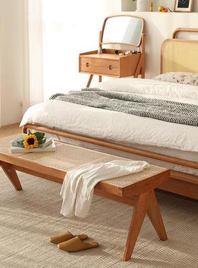 北欧简ctd001约椅客厅餐厅用小户家型长白蜡餐实木藤编条凳床尾凳