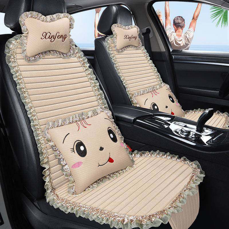 W8B夏季卡通亚麻汽车坐垫小蛮腰半包座椅套单片三件套四季通用屁