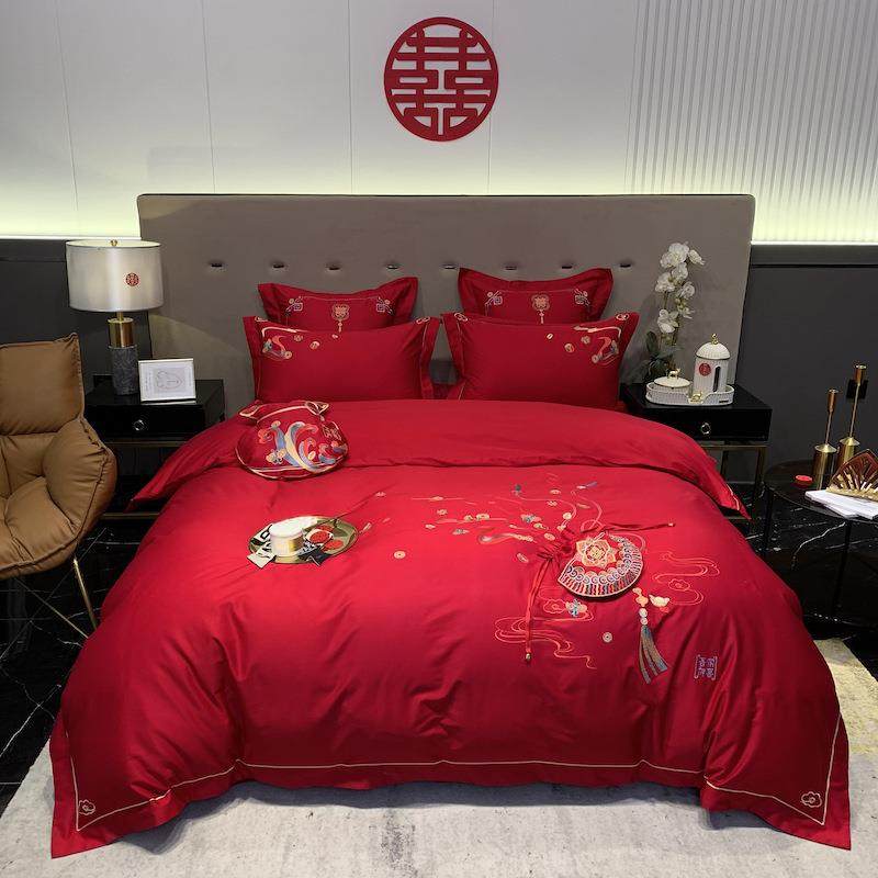 红色结婚床上用品四件套吾家有喜福气满满60支长绒棉新中式被套