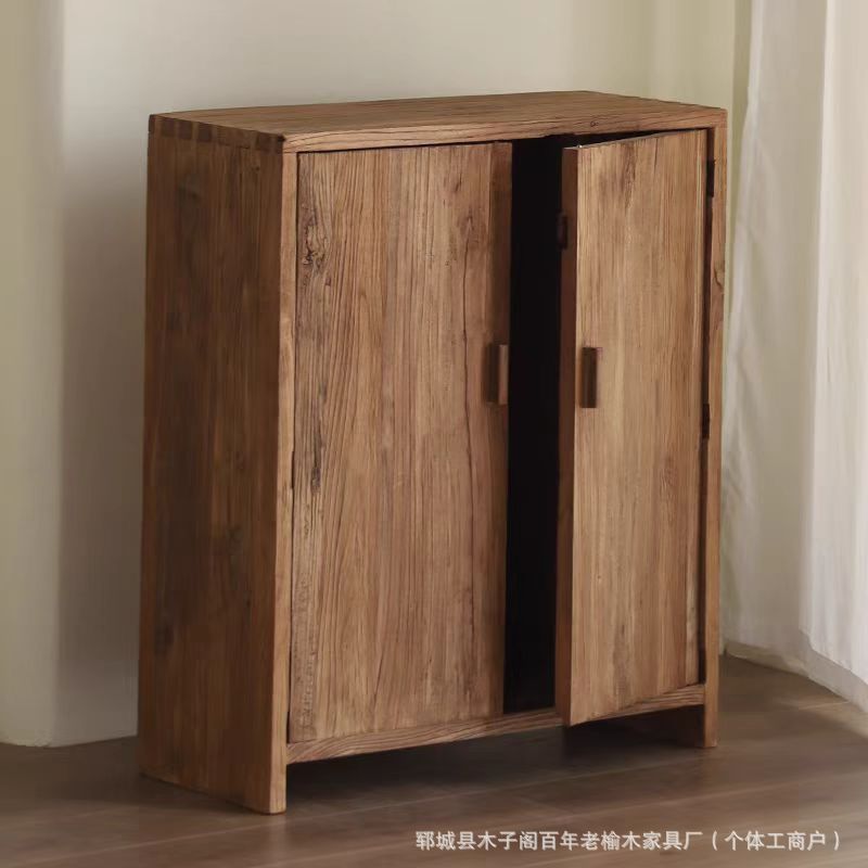 复古中式老榆木双开门柜子民宿装修简约橱柜靠墙整理柜榆木收纳柜