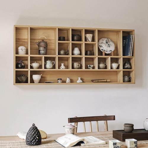 实木墙上置物架壁挂格子架博古架多宝格茶室收纳展示架新中式