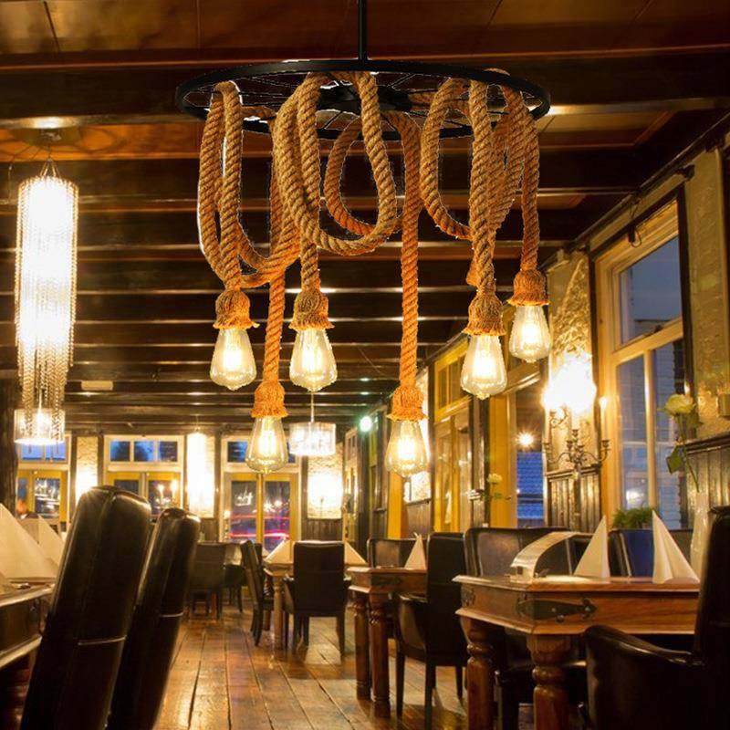 复古工业风麻绳吊灯餐厅酒吧服装店理发店绿植灯具铁艺家居LED灯,家装灯饰光源,智能吊灯,淘宝优惠券,粉丝福利购,淘宝优惠卷
