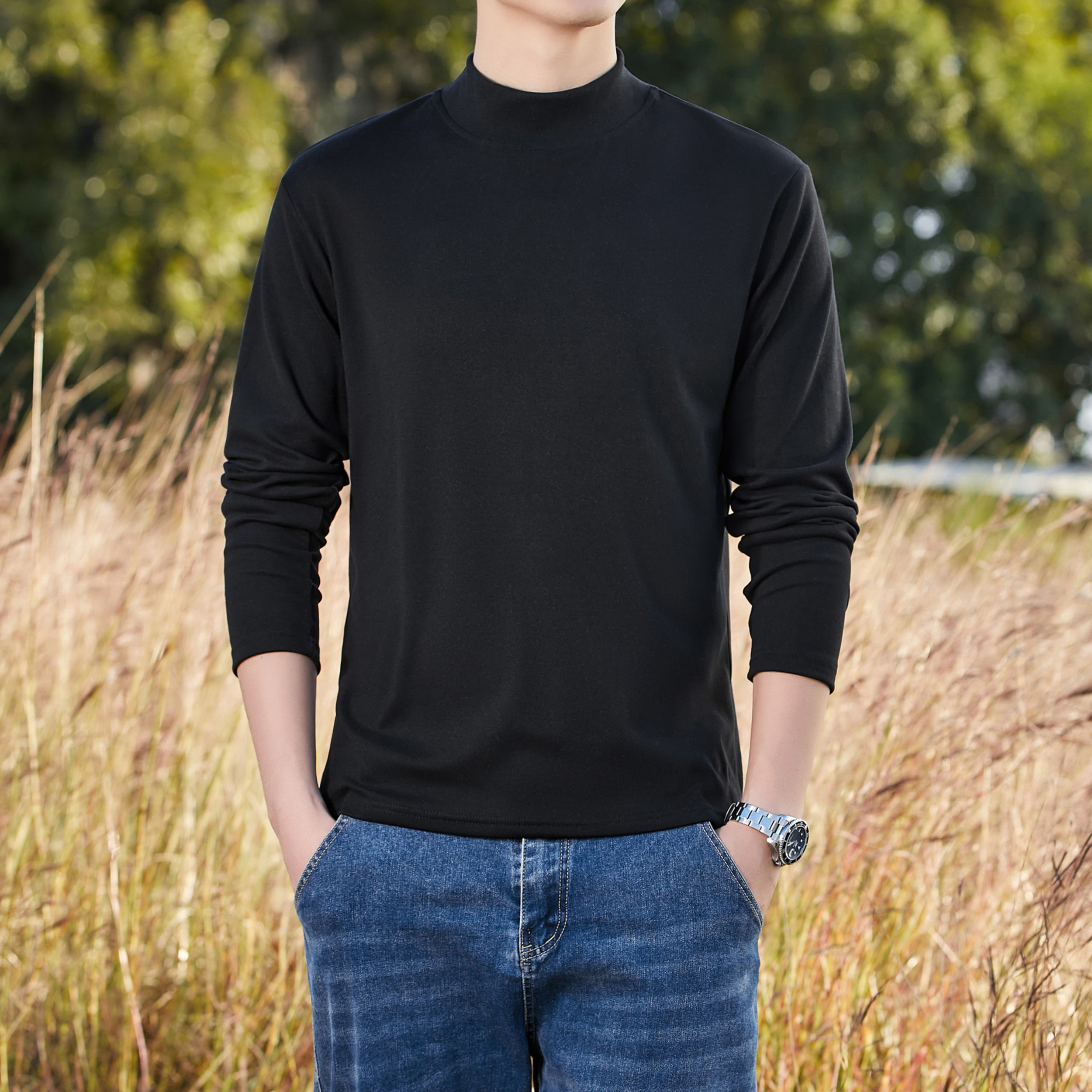 德绒半高领打底衫男装修身秋冬季打底衫搭配大衣西装内搭长袖T恤