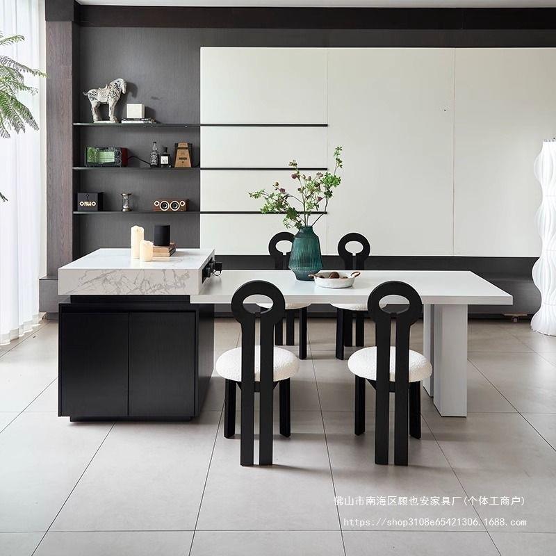意式简约白色沃顿岩板岛台餐桌一体小户型家用多功能可伸缩厨房中