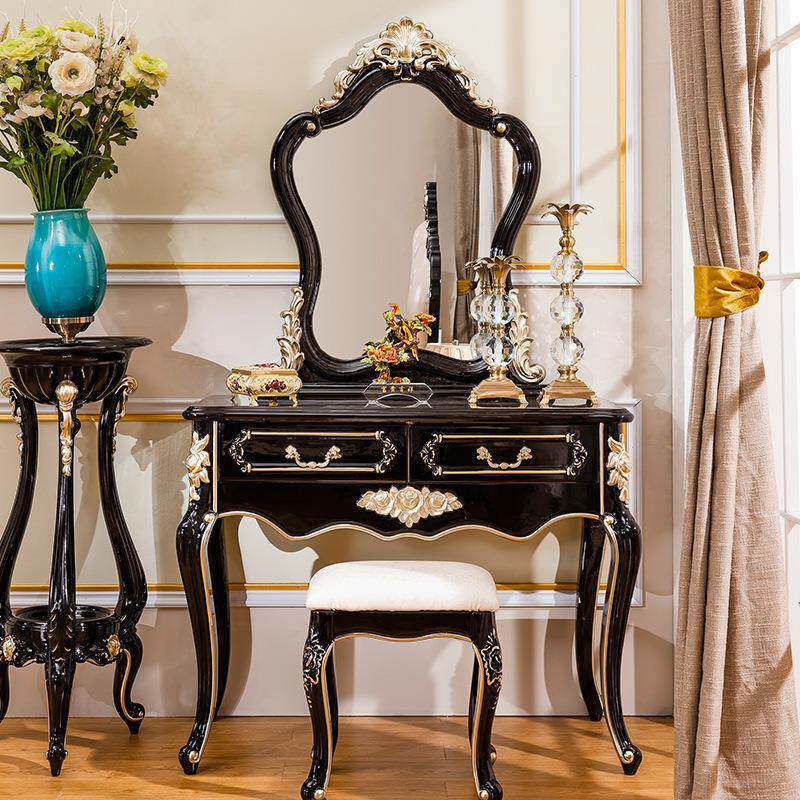 梳妆桌欧式梳妆台公主化妆台凳子黑檀色实木化妆桌小户型卧室家具