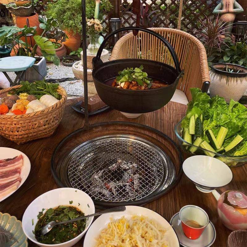 老木围炉煮茶桌桌家用户榆外庭院围炉圆中茶几木桌餐咨询桌式怀旧