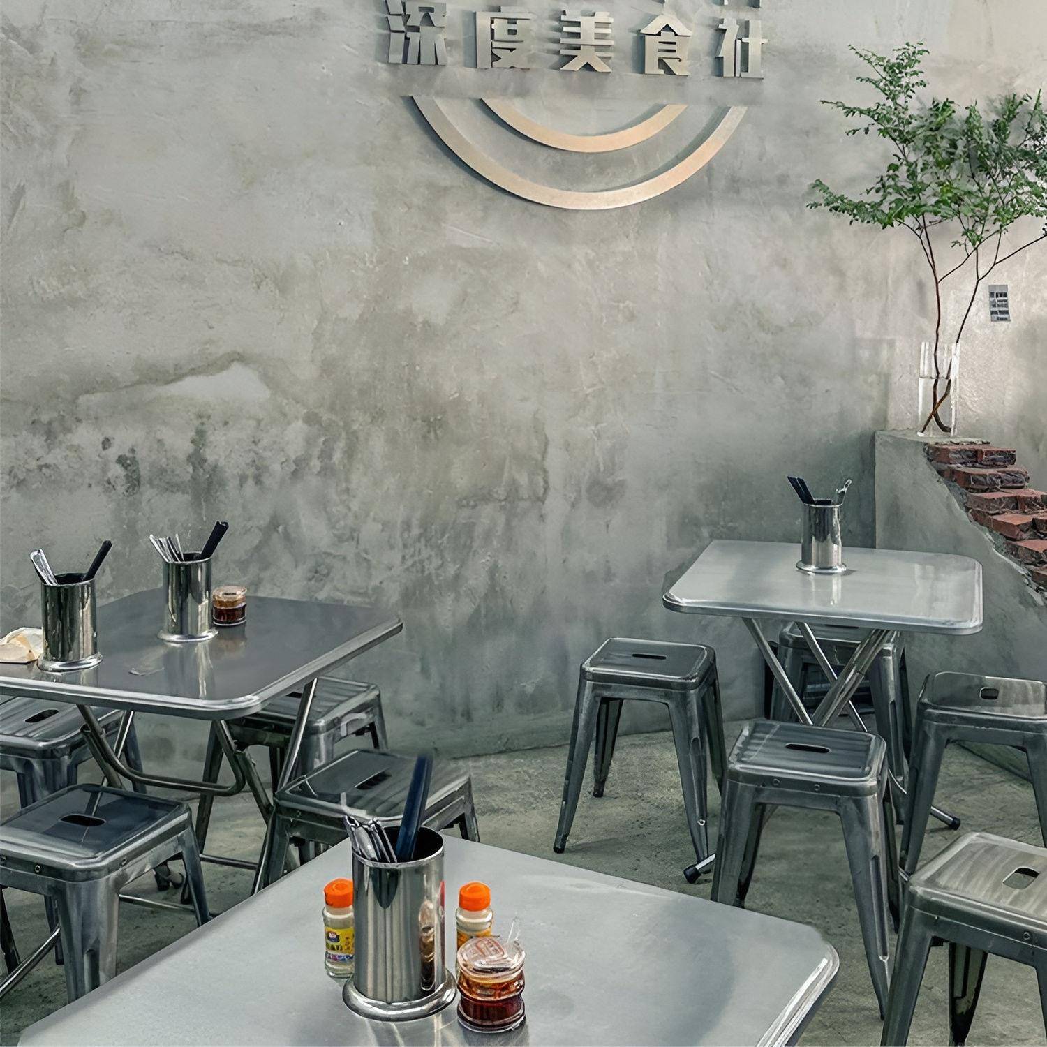 工业风大排档不锈钢桌椅组合餐饮小吃烧烤店加厚折叠圆桌子商用