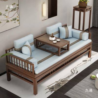 新中式罗汉床坐垫五件套全实木老榆木茶桌椅组合沙发床推拉垒德株