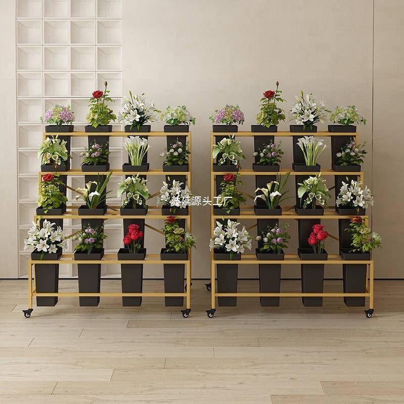 花店花架子组合阶梯式可移动鲜花塑料花桶架轻奢铁艺万向轮展示架