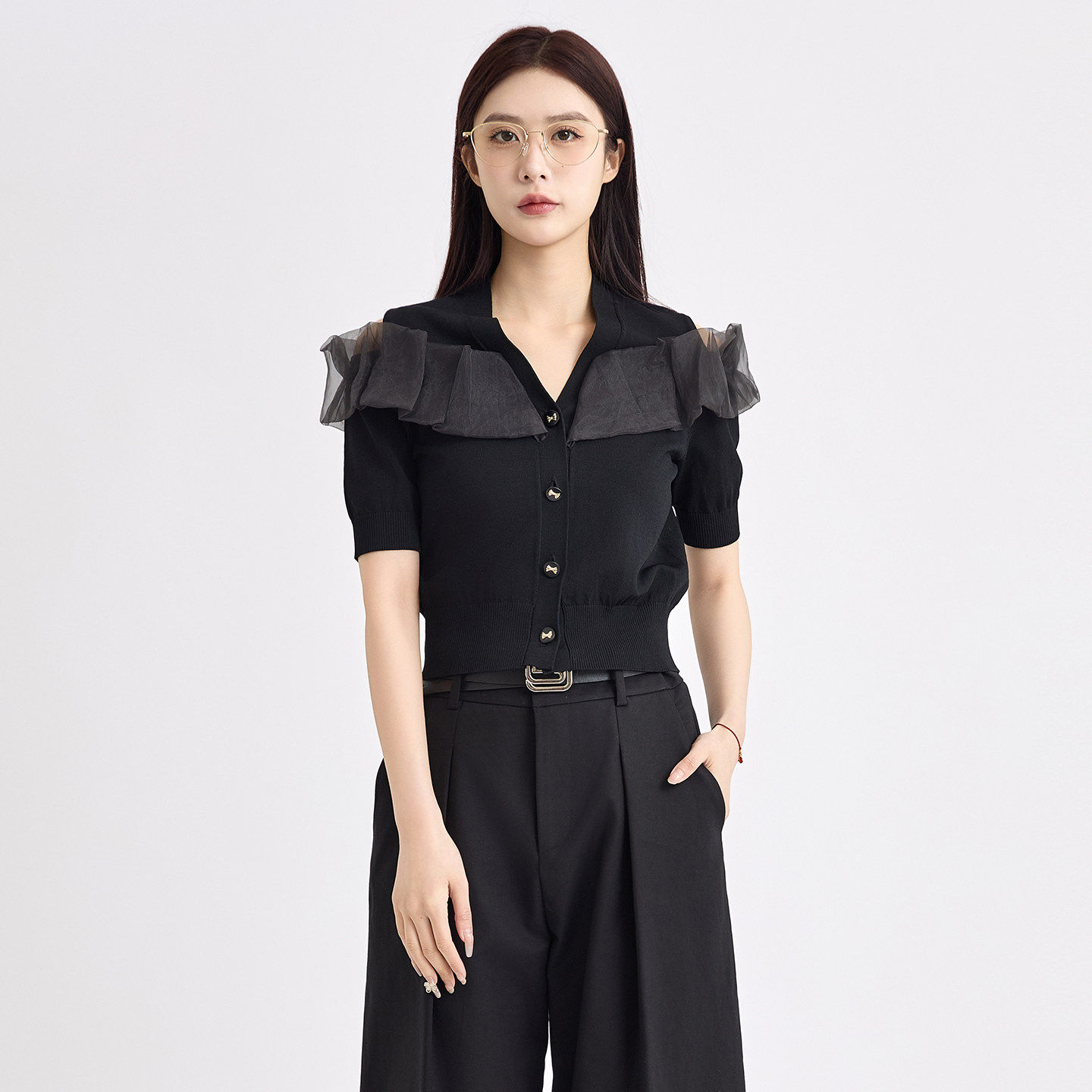 法柚毛衣小衫2026春季新款网纱花边拼接露肩V领短袖女针织衫女,女装/女士精品,毛衣,淘宝优惠券,粉丝福利购,淘宝优惠卷