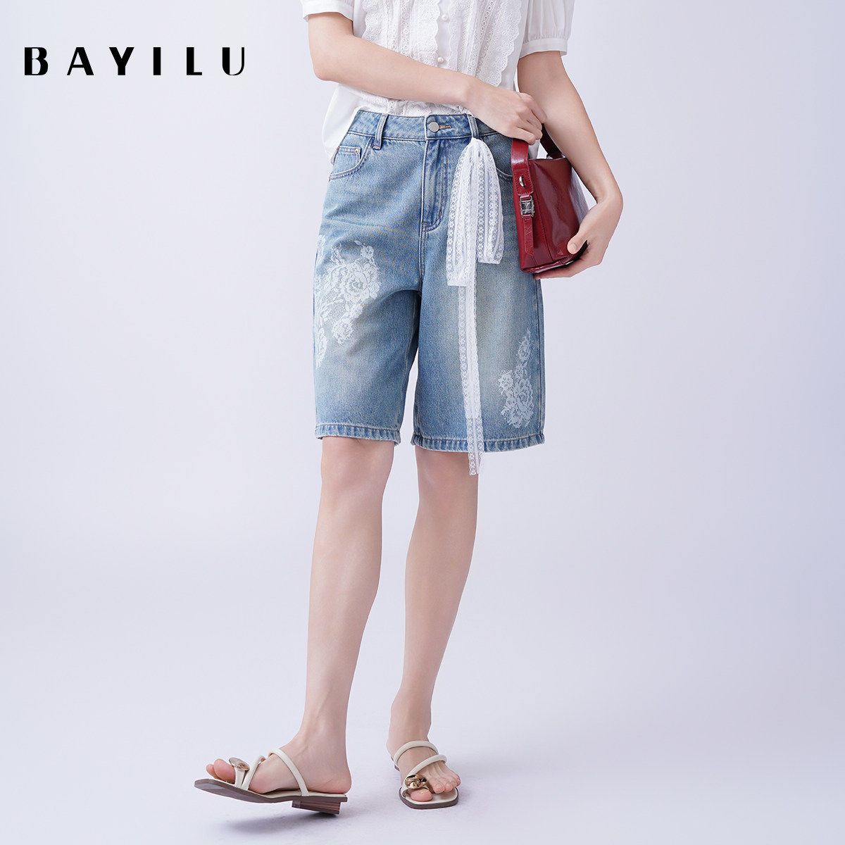 法柚2026夏季新款牛仔短裤女时尚宽松直筒休闲蕾丝印花阔腿中裤