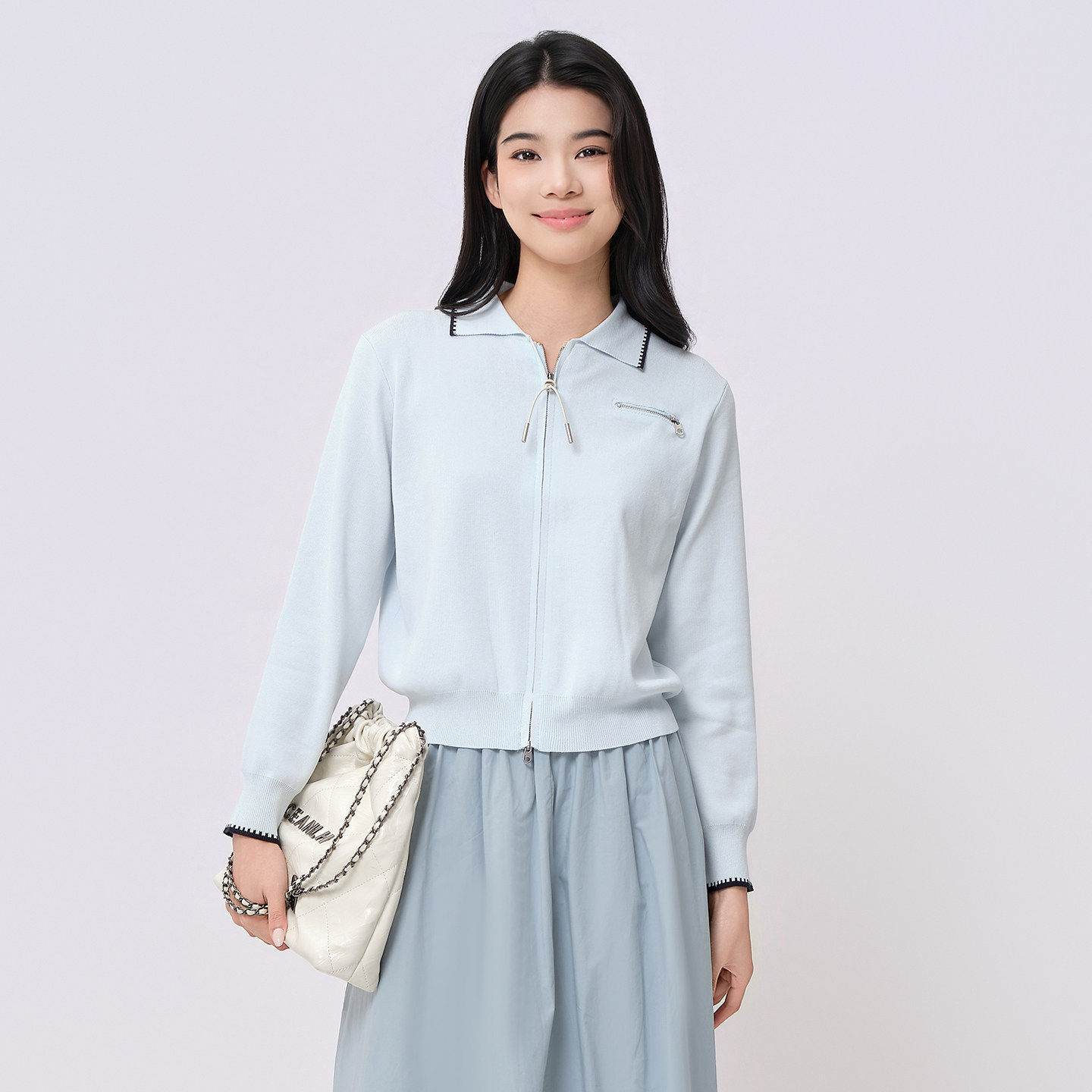 法柚2026夏款新款polo领针织开衫宽松双头拉链长袖显瘦上衣女装