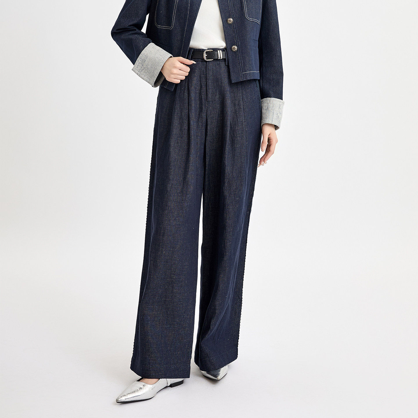 法柚法式高腰阔腿蓝色牛仔裤女2026春季新款小个子慵懒松弛感裤