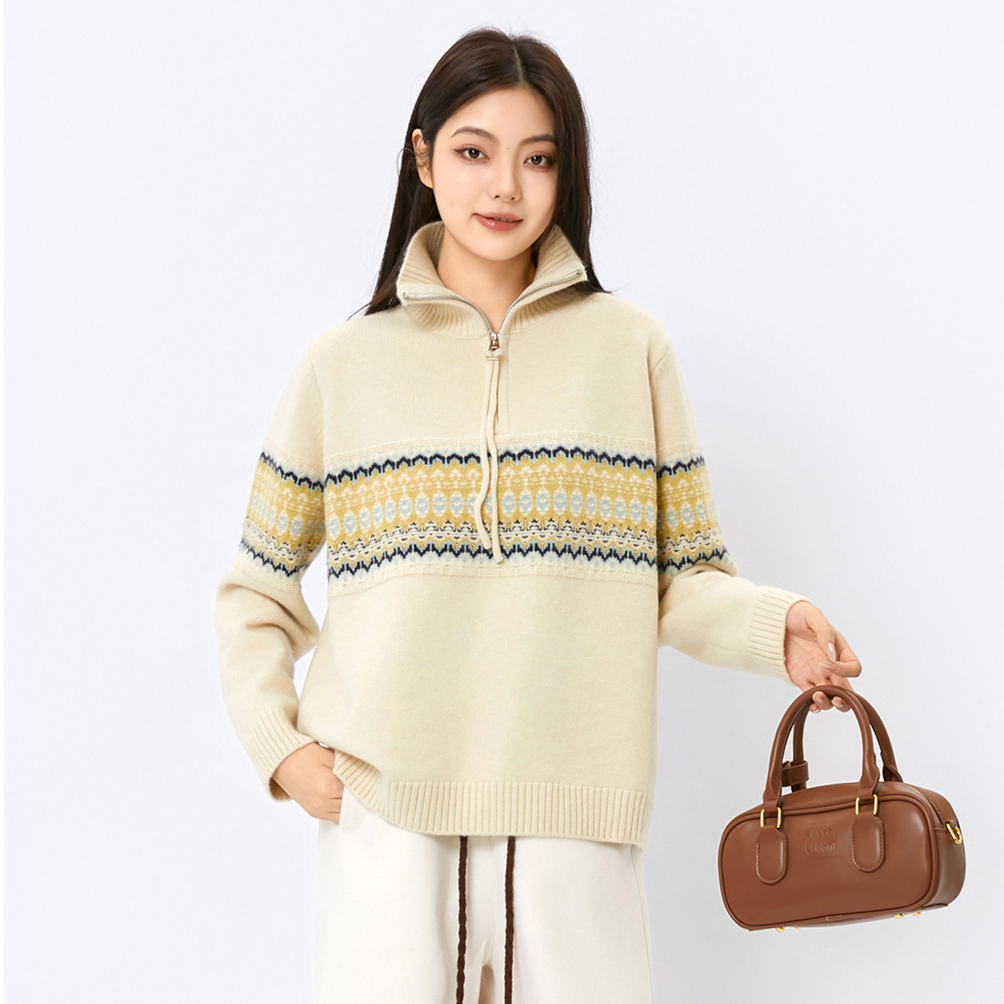 法柚针织毛衣2025冬季新款上衣复古针织衫半拉链提花针织羊毛衫,女装/女士精品,毛衣,淘宝优惠券,粉丝福利购,淘宝优惠卷