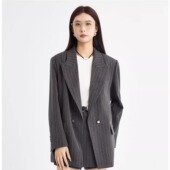 新款 休闲长袖 条纹双排扣西装 法柚2026春装 外套通勤风商务女装