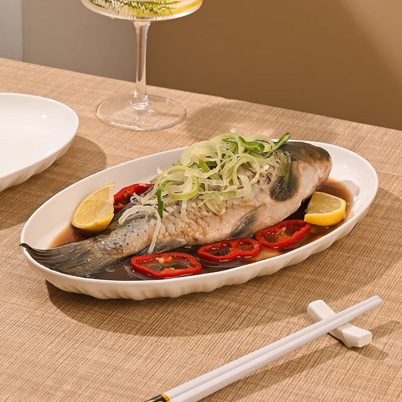 传旗】鱼盘家用蒸鱼专用盘子纯白陶瓷果盘轻奢高级感寿司盘