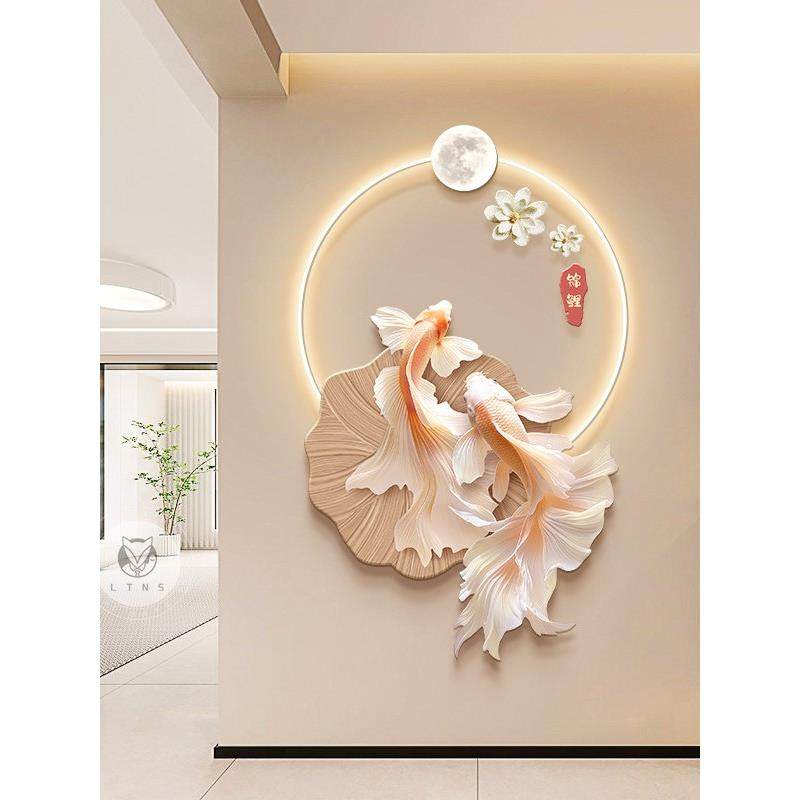 Θ奶油风入户玄关装饰画锦鲤荷花廊走过挂画感dlFh($px}d道e灯发