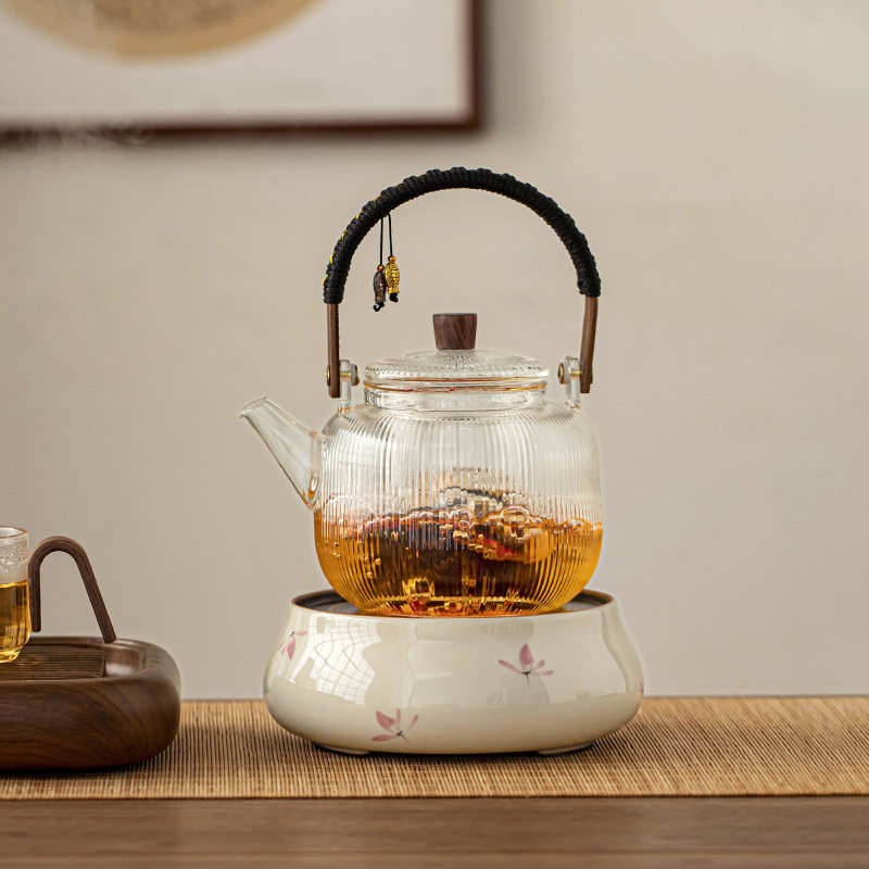 2024新款煮茶套装手绘粉兰花静音陶瓷电陶炉玻璃壶明火耐高温