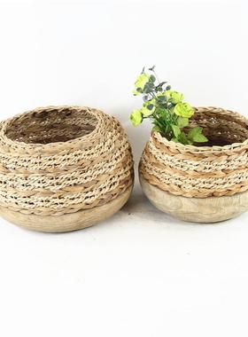 销售专业花手织工编原木工艺瓶花盆桶田花园CF19305温馨民宿装饰