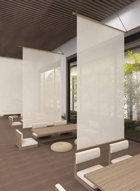 屏新中光式纯色RMA亚麻纱悬挂断隔风挂帘装饰茶室电动升降大厅遮