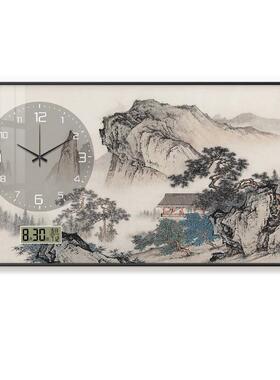 画山水画万年历钟表挂钟新中客式厅表挂餐厅XJV电子时钟国挂画墙