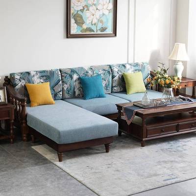 美发式四乡村F8991转转角沙全实木布艺排人位L型贵妃简美复直古客