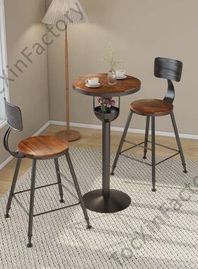 LCP2约简复古木艺实桌休闲家商用阳台HMU圆铁桌子高脚吧台桌椅组