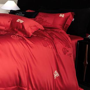 约红MOR色10s长绒棉四件套0纯棉被套全棉简单结婚陪嫁婚庆床上床