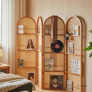 日实木编藤屏风隔985断客简约遮挡厅家用折叠移动杂志书架小式户