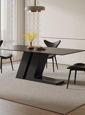 现简约黑色岩板ZPU餐桌椅组合用小户型客家厅长方形饭岛台代奶油