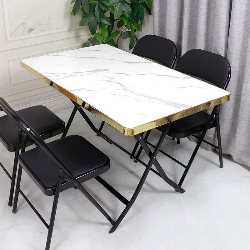 北欧大理石餐桌长方形现代轻奢家用桌宿舍不锈钢钛金简约小户型