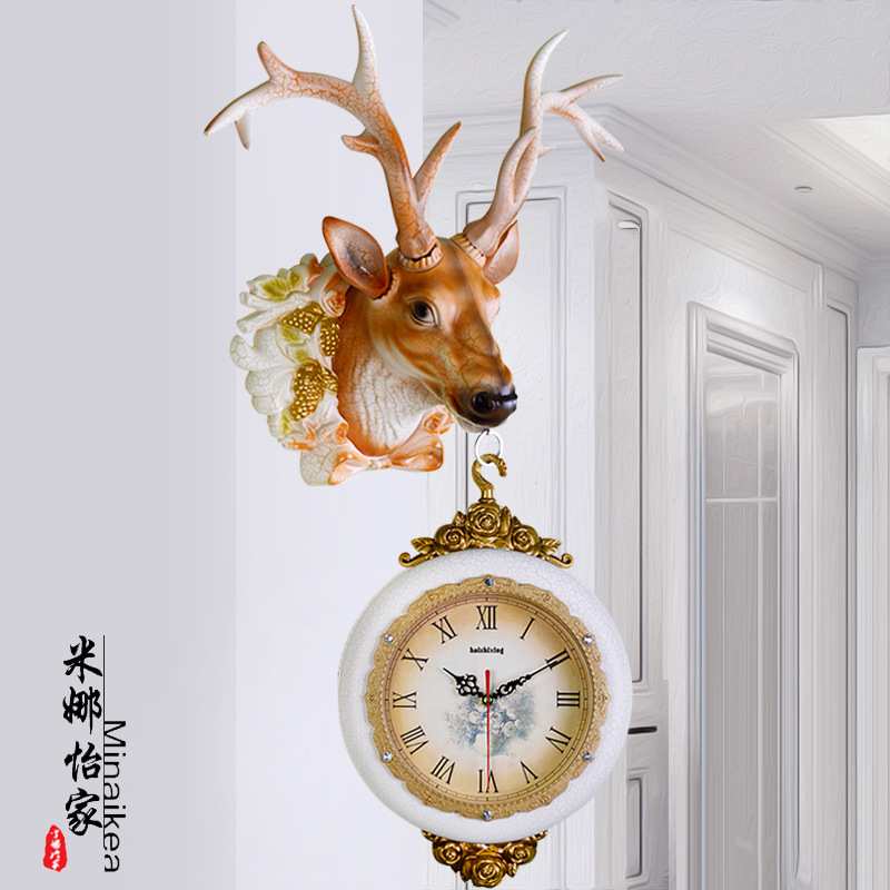 美式复古双面挂钟客厅钟表创意个性鹿头装饰壁挂大号静音挂表