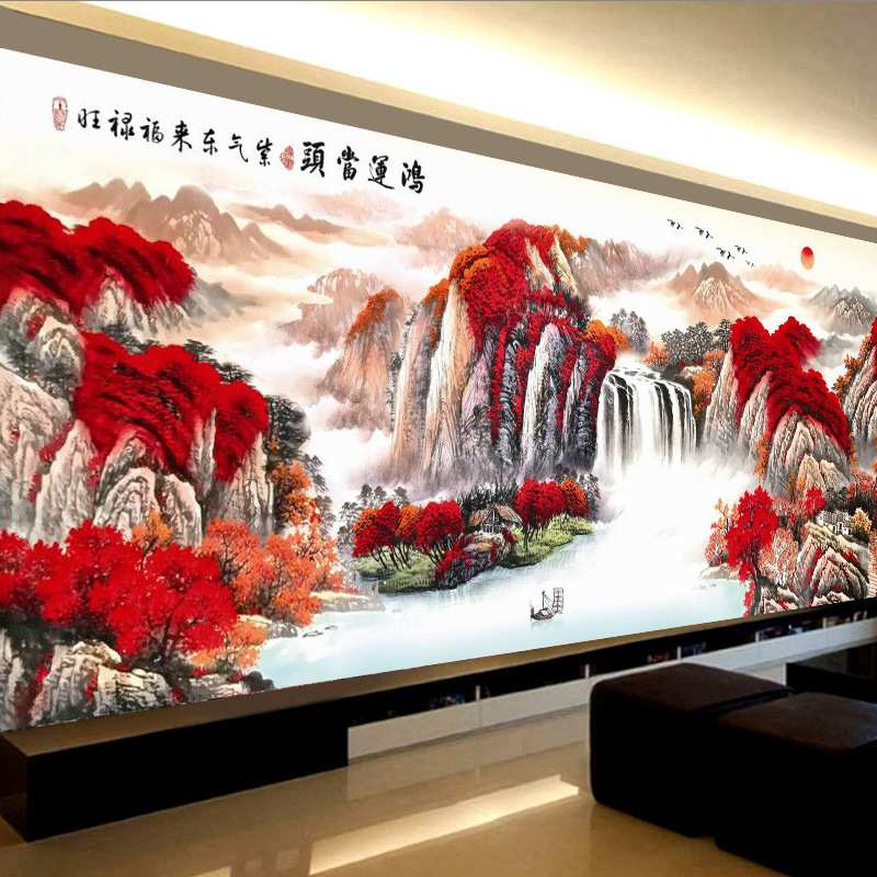 鸿运当头十字绣2024新款线绣客厅大幅山水画流水生财日出泰山满绣
