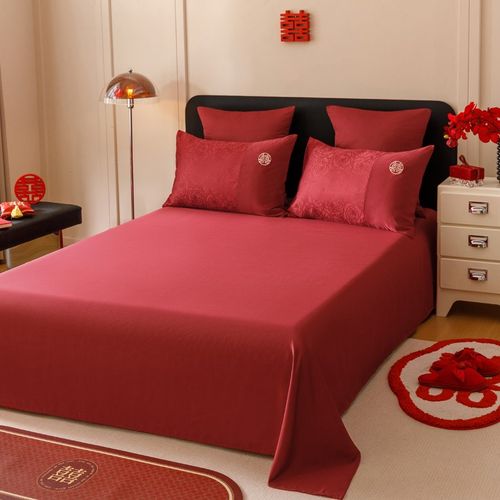 简约160支长绒棉结婚四件套红色印花卉被套纯棉床单婚庆婚房床品4