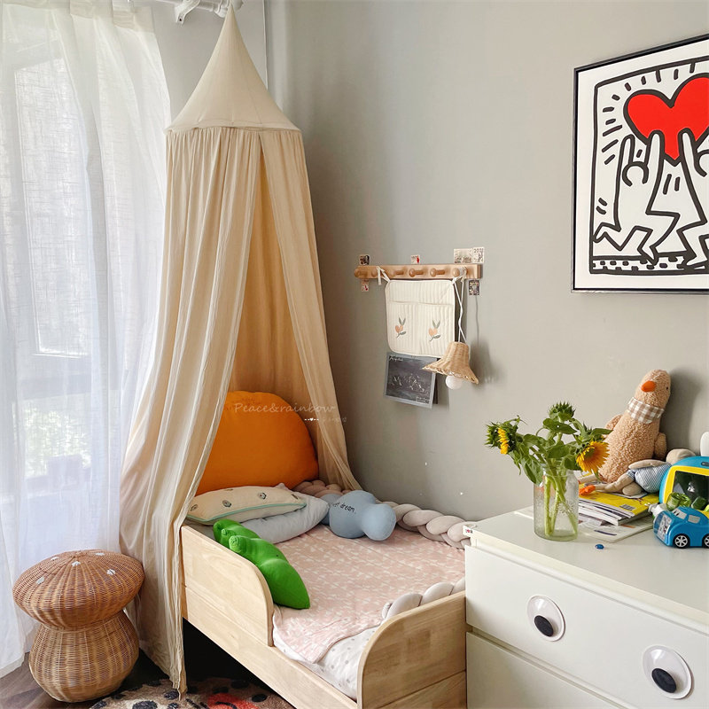 婴儿牀圆顶蚊帐儿童房帐篷游戏屋装饰遮光牀幔水洗棉卡其开门牀帐