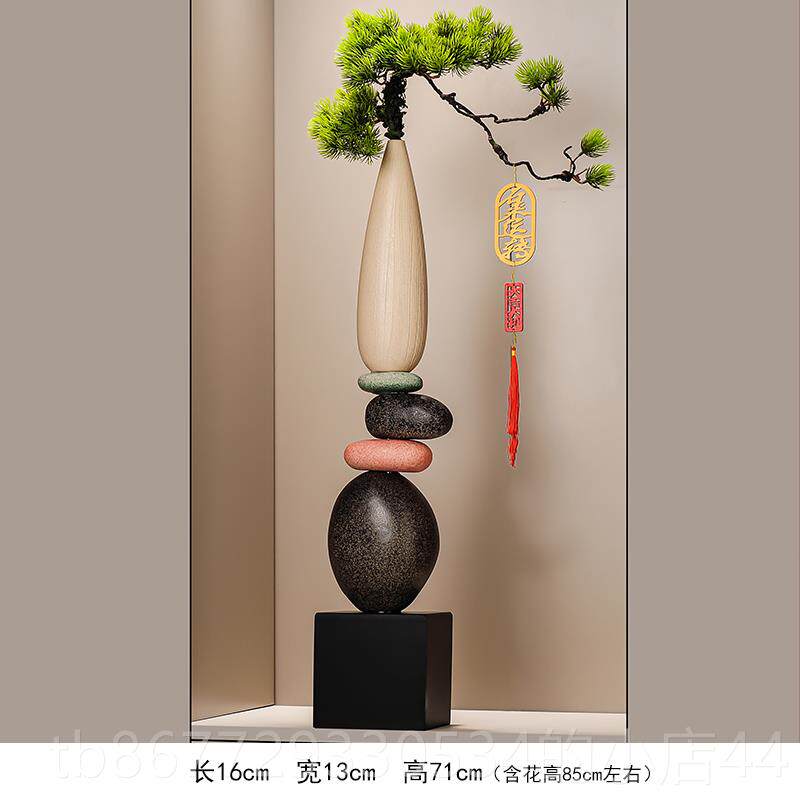 高档门玄关造景迎客松石来运转花摆件客厅新中细式长高装瓶饰入工
