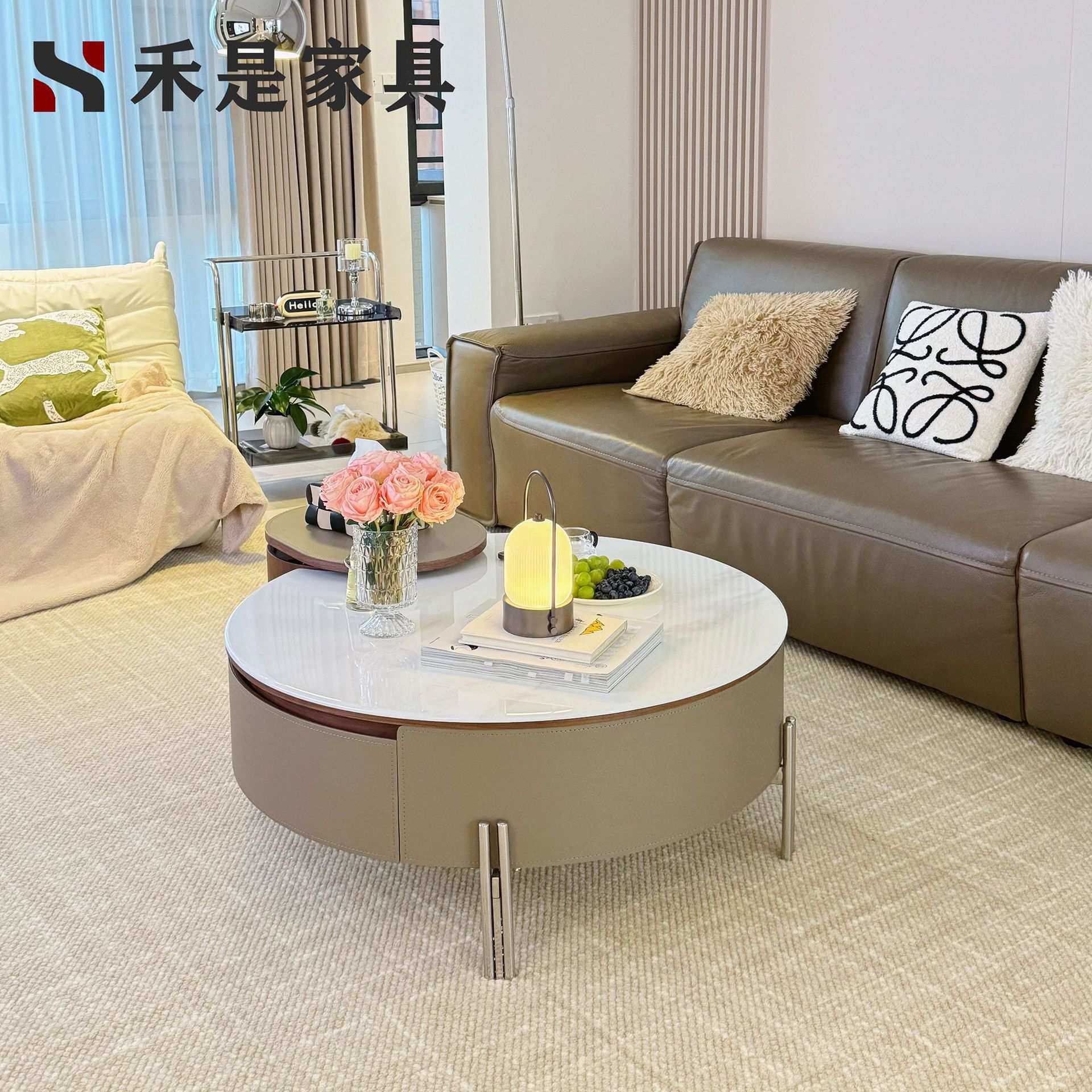 轻奢风高级感微晶石圆茶几客厅小户型家用设计师升降旋转香草茶几