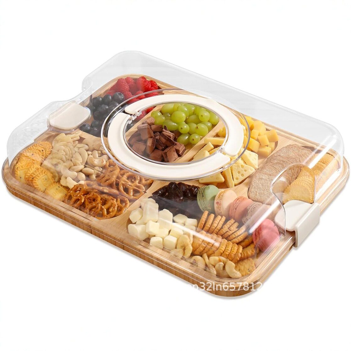 竹木熟食托盘圆形竹菜板透明盖水果托盘多格木质熟食装饰盘木托盘