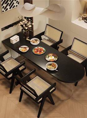 小户型实木餐桌形椅组半合克桌家用黑色KID弧椭圆饭桌亚力悬浮长