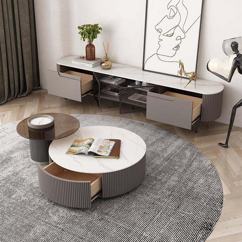 岩板茶几电视墙柜组合小现代简约客岩板茶几厅圆形桌椅茶户型轻奢