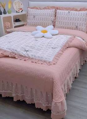 A母婴级柔软亲类肤针织棉床蕾盖pxx10032被四件套丝花边床裙三件