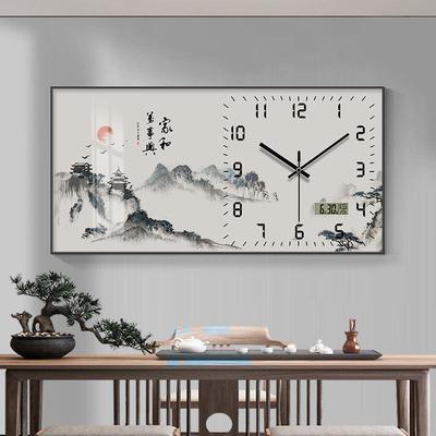装中式水墨风景餐饰新画万年历带钟表电子XY857468静音挂钟厅大气