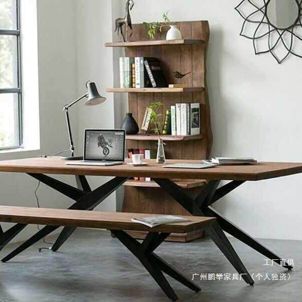 式铁艺实木餐桌椅组合美简现代会议桌工业工作台实木办公无品牌/