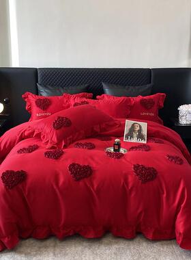 U3Q婚庆四件套床单刺绣档xNdbbsQB被水洗棉结婚用红色床上品婚高