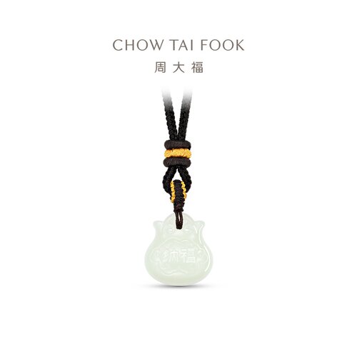 周大福和田玉福袋吊坠浅青编绳